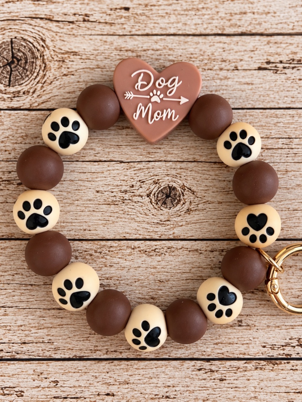 Dog Mom Beaded Keychain Bracelet – Brown & Cream Paw Print